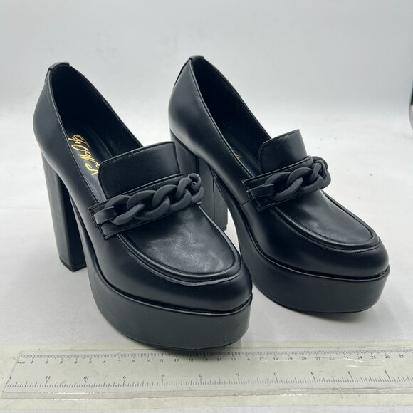 FOWT Black Platform Round Toe Pumps Chain Chunky High Heel Loafers Slip on Shoes - Picture 4 of 8